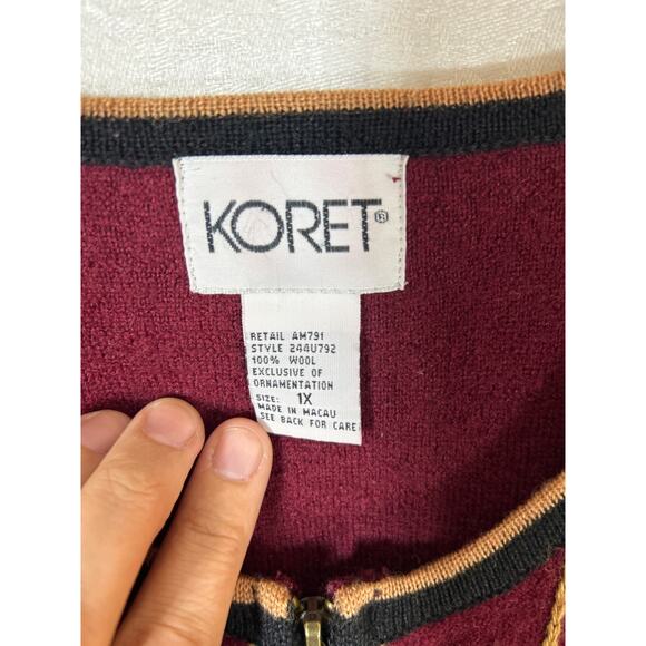 Vintage Cardigan Sweater Burgundy 1X Wool Tan Embroidered Zip Felt Koret - Picture 7 of 10